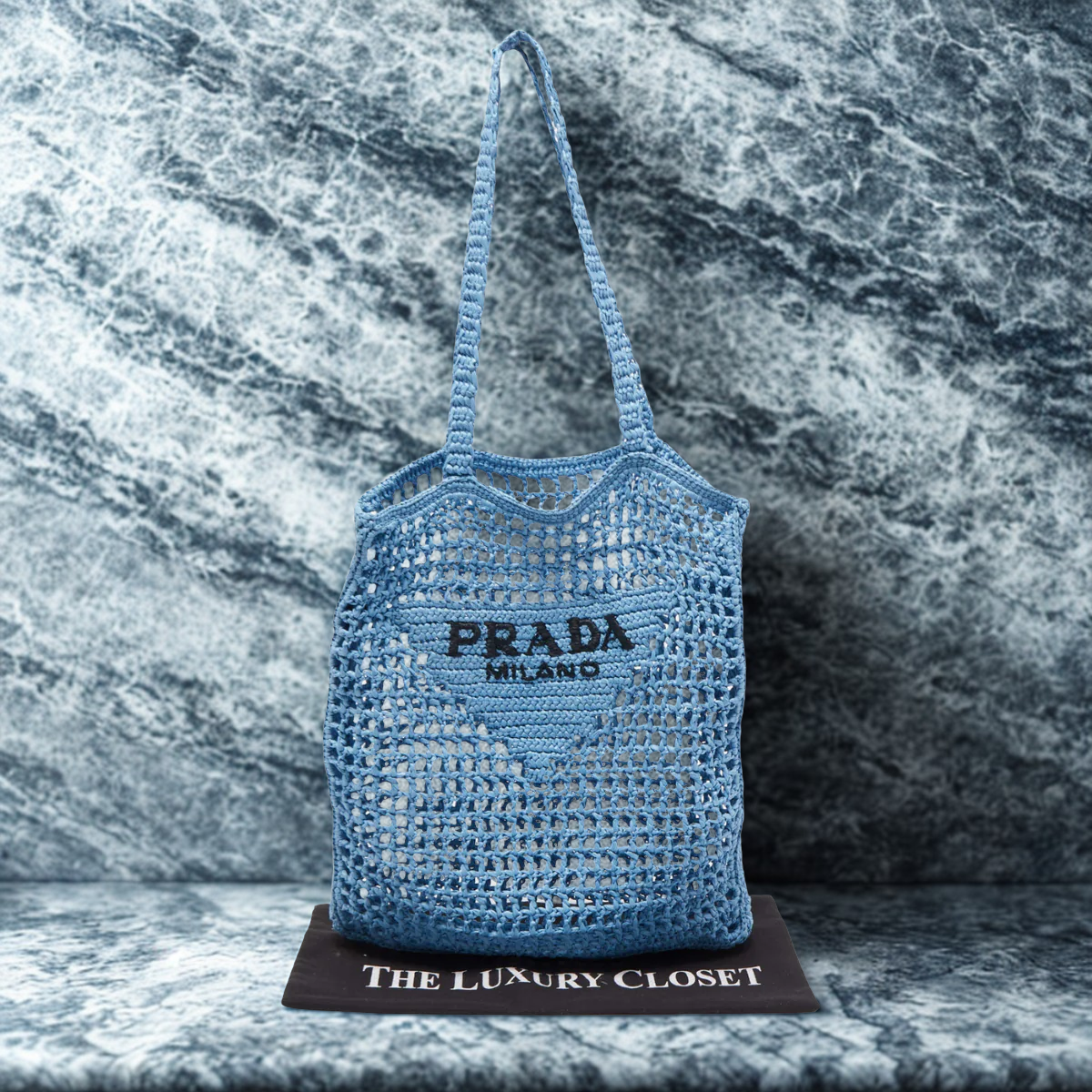 Sac cabas Prada en raphia avec logo tissé – bleu