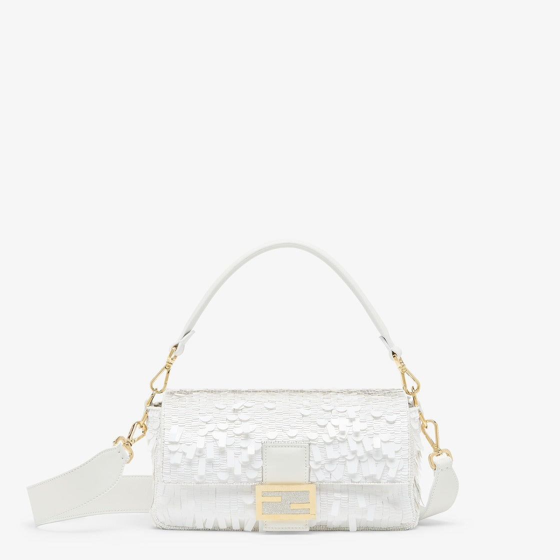 Sac baguette Fendi blanc à paillettes et cuir