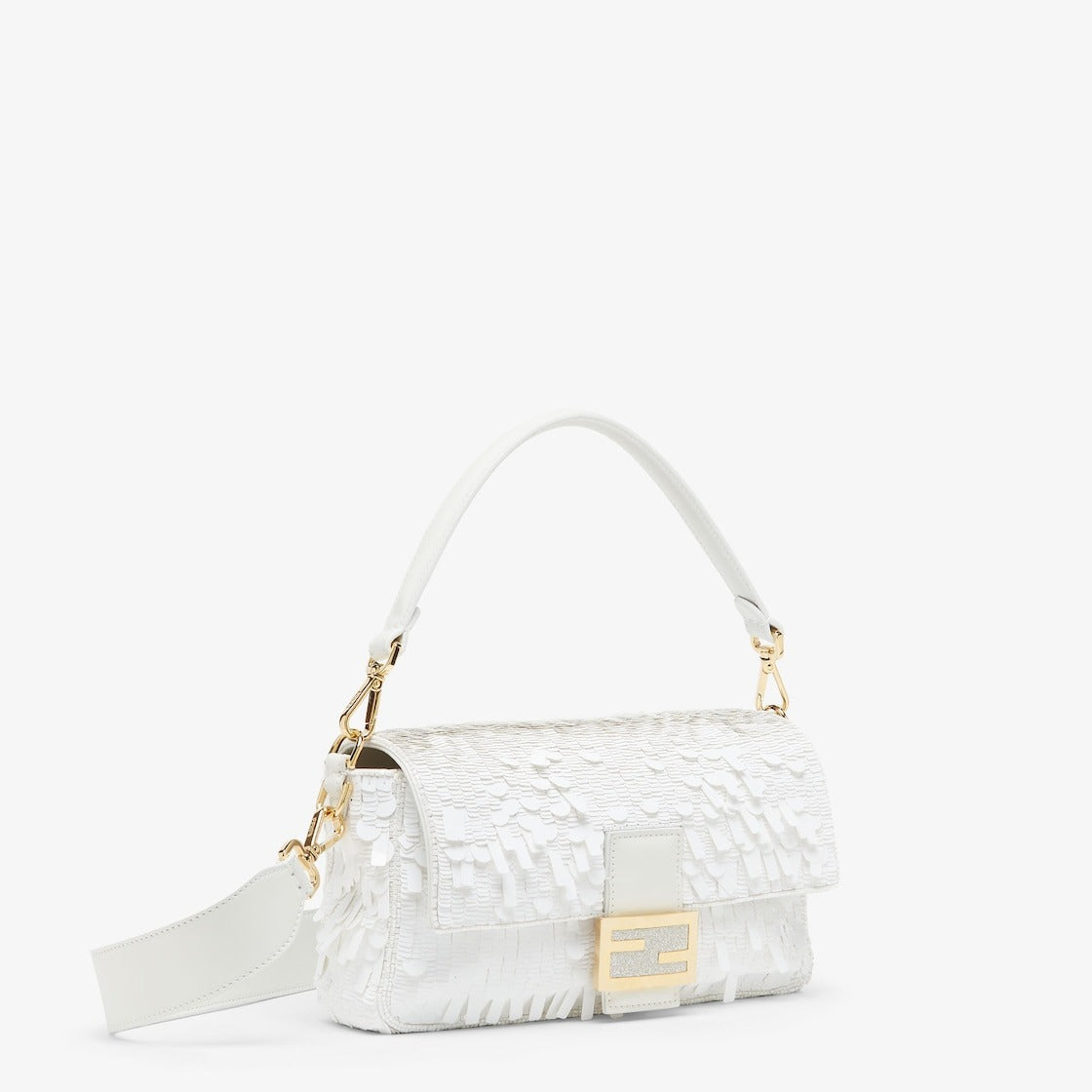 Sac baguette Fendi blanc à paillettes et cuir
