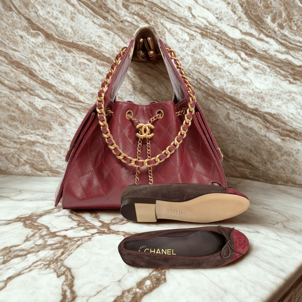 CHANEL 25 CAVIAR DE BORDEAUX ET ENSEMBLE DE BALLERINES