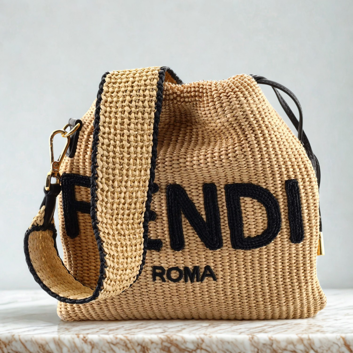 SAC FENDI SACK PETIT SAC EN PAILLE TISSÉE BEIGE