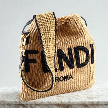 SAC FENDI SACK PETIT SAC EN PAILLE TISSÉE BEIGE